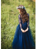 Long Sleeves Navy Blue Lace Tulle Rustic Flower Girl Dress